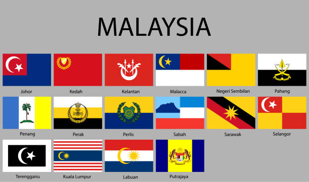 alle flaggen der regionen von malaysia - kota kinabalu illustrations stock-grafiken, -clipart, -cartoons und -symbole