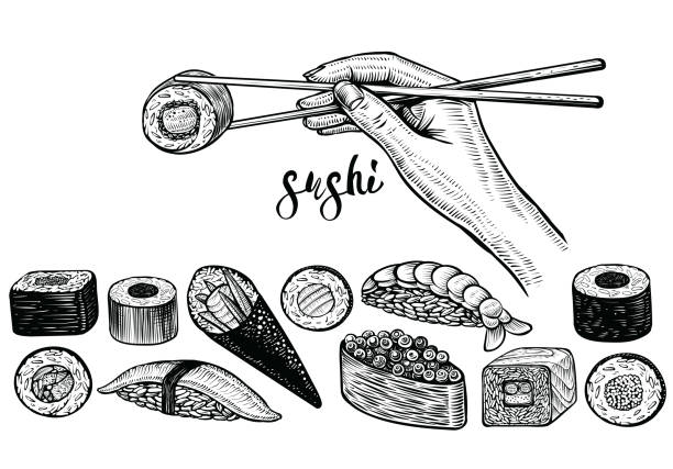 손을 잡고 젓가락과 스시 롤, 벡터 라인 드로잉. 일본 음식 종입니다. - sushi japan maki sushi salmon stock illustrations