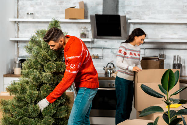 istock young man putting christmas tree in kitchen while his girlfriend standing behind at home 1048800454