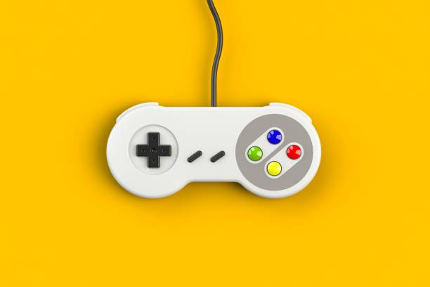 istock Video game console GamePad. Gaming concept. Top view retro joystick isolated on yellow background, 3D rendering 1048803412