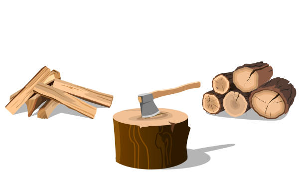 illustrazioni stock, clip art, cartoni animati e icone di tendenza di legna da ardere con ascia - wood axe