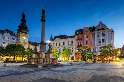 Ostrava, Czech Republic - August 21, 2018: View of the main square of Ostrava's old town at sunset.\