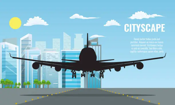 Vector illustration of Silhouette of Plane landing or taking off over modern cityscape. Flat and solid color travel concept background vector.