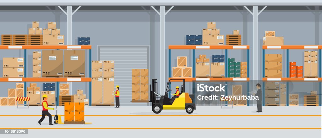 Entrepôt intérieur avec boîtes sur Rack et ceux qui travaillent. Vector plate et le style de couleur unie illustration du Concept de Service de prestation logistique. - clipart vectoriel de Entrepôt libre de droits