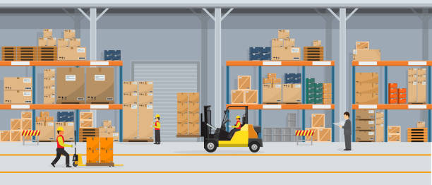wnętrze magazynu z pudełkami na stojaku i ludzi pracujących. płaski wektor i jednolity styl kolorów logistic delivery service concept ilustracja. - warehouse stock illustrations