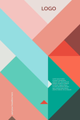 Geometric vector cover template (suitable for ads, editorials or poster design), based on triangles and a 45 degree grid in red, pink and green; including space for copy text.