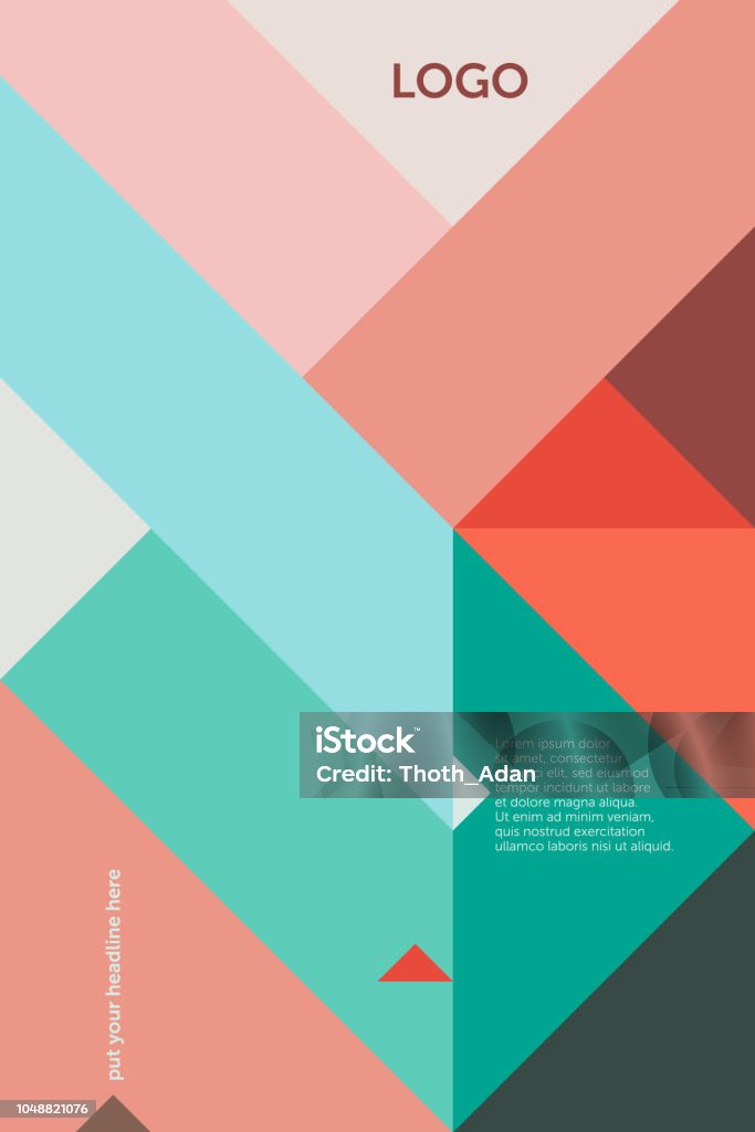 Triangles 45 degree – Cover Design Template 1 (Geometric Minimalism Set) Geometric vector cover template (suitable for ads, editorials or poster design), based on triangles and a 45 degree grid in red, pink and green; including space for copy text. Pattern stock vector