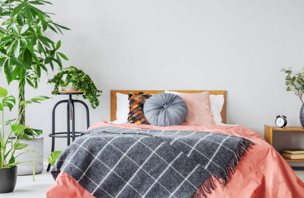 istock Patterned blanket on red bed with cushions in grey bedroom interior with plants. Real photo 1048821622