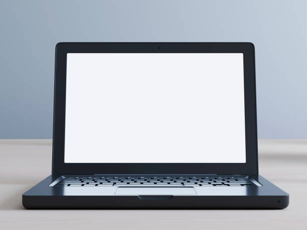 istock 3d rendering of laptop with a white screen mockup. 1048828686