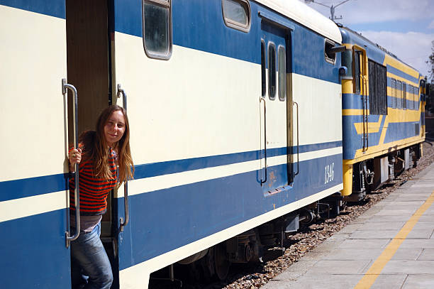 istock Young woman standing on train stairs 104882970