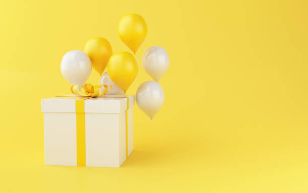 istock 3d Balloons and gift boxes on yellow background. 1048834766