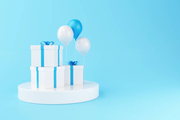 istock 3d Balloons and gift boxes on blue background. 1048834782