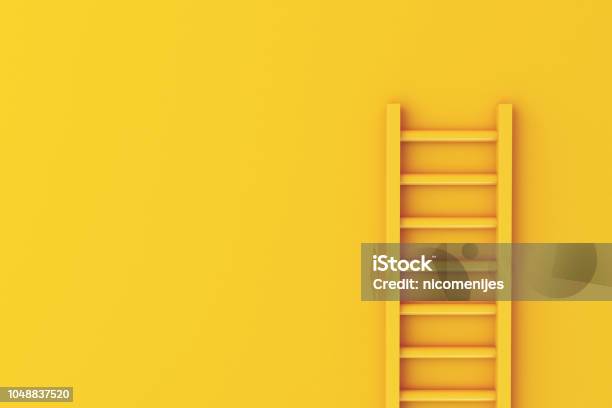 3d Ladder On Yellow Wall Background Stock Photo - Download Image Now - Ladder, Growth, Concepts