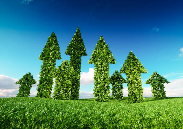 istock Sustaining eco growth and sustainable development concept. 3d illustration of green leaf arrows growing from fresh grass field and pointing upward to blue sky. 1048838782