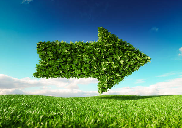 istock Eco friendly development concept. 3d rendering of single arrow icon on fresh spring meadow with blue sky in background. 1048838794