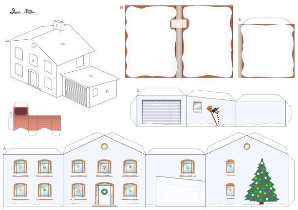 illustrazioni stock, clip art, cartoni animati e icone di tendenza di modello di carta di una casa in inverno con albero di natale, pupazzo di neve e tetti innevati e un camino per babbo natale - facile da realizzare - stampa modello su carta pesante, tagliare i pezzi, segnare, piegare e incollare. - deco decoration christmas christmas tree