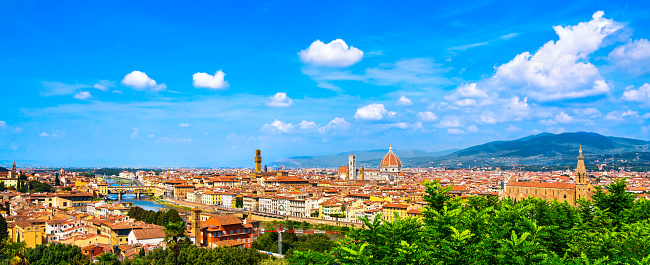 Florence or Firenze cityscape. Panorama view from Michelangelo park square. Ponte Vecchio bridge, Palazzo Vecchio and Duomo Cathedral. Tuscany, Italy