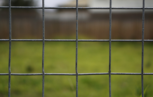Close up view of chain link fence with blurred natural background
