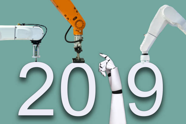 istock Robot arm and technology of happy new year 2019 1048842070