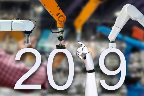istock Robot arm and technology of happy new year 2019 1048842076