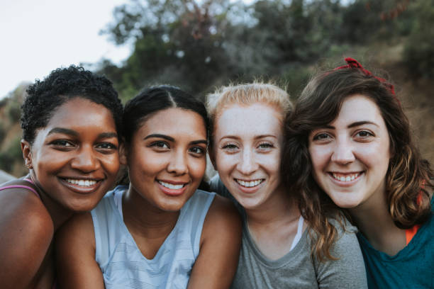 istock Happy friends on a hike in the hills 1048847992