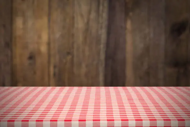 Photo of Backgrounds: Red and white checkered tablecloth with dark vertical table background