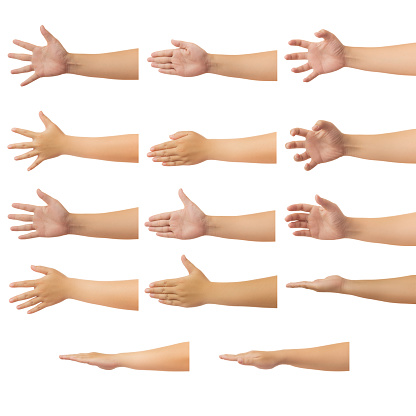 Set of human hand in reach out one's hand and showing 5 fingers gesture isolate on white background with clipping path, Low contrast for retouch or graphic design