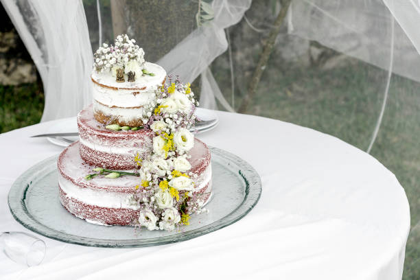 istock romantic rustic pastel floral design wedding cake on table outdoors 1048848710