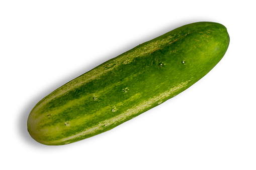 Fresh healthy whole green summer cucumber diagonally on white with copy space viewed from above