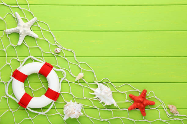 Seashells with lifebuoy on green wooden table