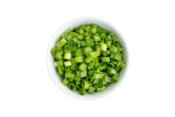 Photo of Finely chopped fresh green onions in a ramekin