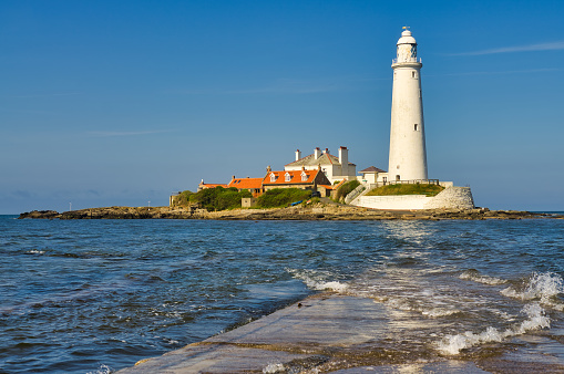 St Mary's Lighthouse, island, and causeway in Whitley bay, Tyne and Wear.