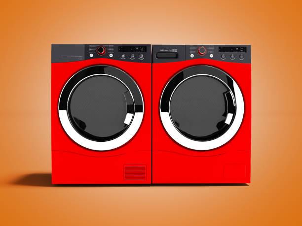 istock Red washing machine and drying laundry for home use 3d render on orange background with shadow 1048852308