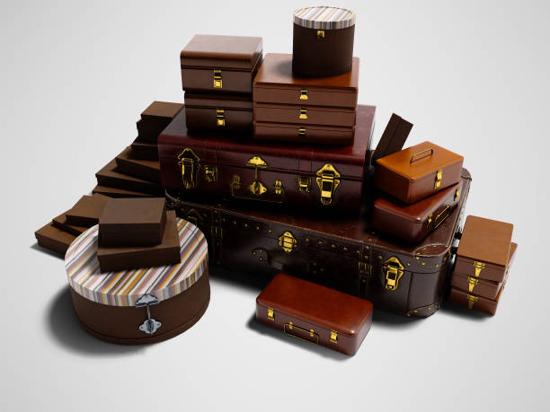 istock Set of brown suitcases closed one on the other 3d rendering on gray background with shadow 1048852492