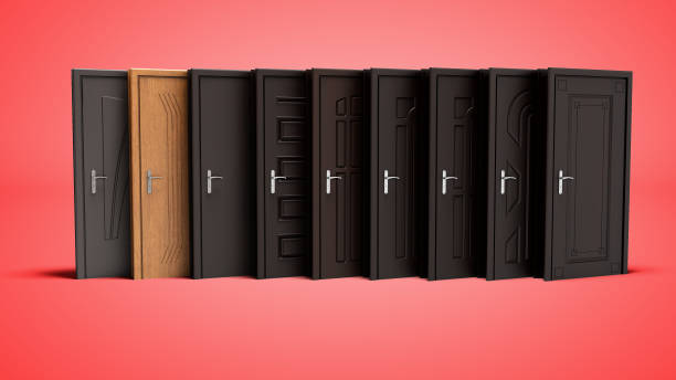 istock Set of metal entrance doors closed 3d rendering on red background with shadow 1048852532