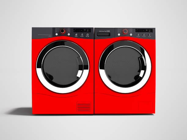 istock Red washing machine and drying laundry for home use 3d render on gray background with shadow 1048852660