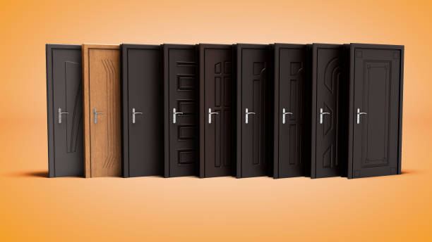 istock Set of metal entrance doors closed 3d rendering on orange background with shadow 1048852672