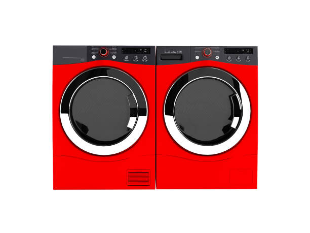 istock Red washing machine and drying laundry for home use 3d render on white background no shadow 1048852764