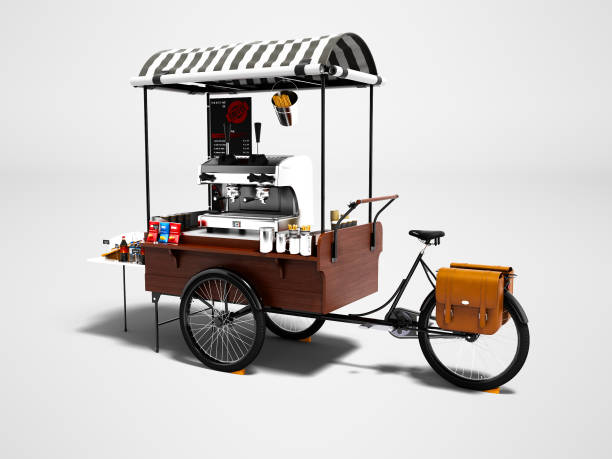 istock Modern cart with coffee machine 3d render on gray background with shadow 1048853356