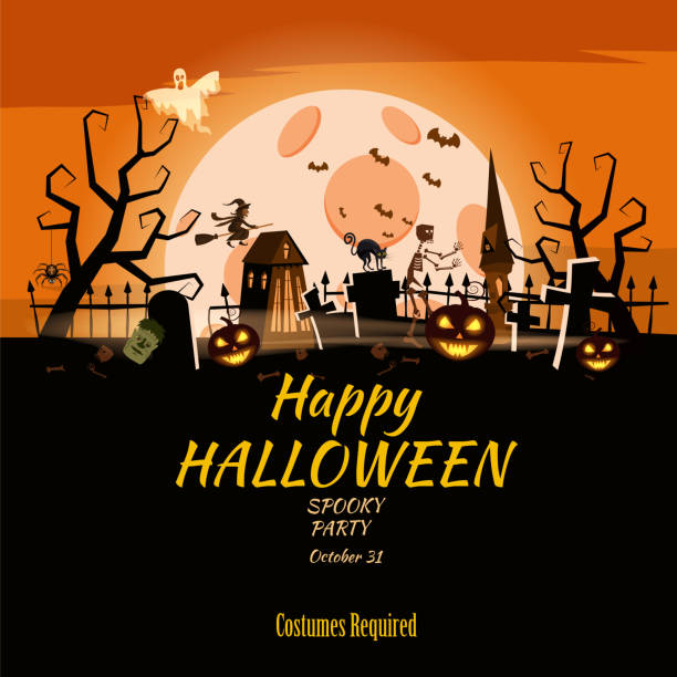 ilustrações de stock, clip art, desenhos animados e ícones de poster happy halloween holiday pumpkin, cemetery, black abandoned castle, attributes of the holiday of all saints, ghost, spider, black cat, a witch on a broomstick, a gloomy autumn forest, panorama, the moon, crosses and tombstones. vector, isolated, tem - cross spider