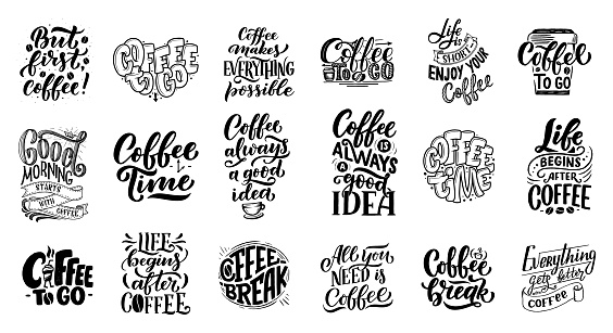 Set of Hand lettering quotes with sketches for coffee shop or cafe. Hand drawn vintage typography collection isolated on white background. Vector