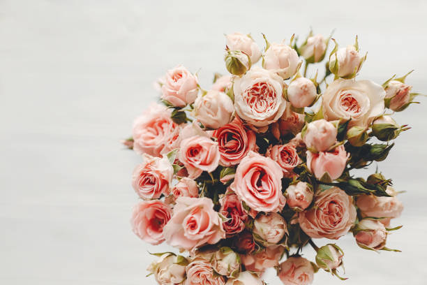 istock Pink small roses bouquet on white background isolated.  Top view with space for text. Floral greeting card mockup. Wedding invitation,happy mother day or Valentine day concept. 1048867556