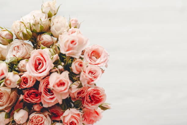 istock Pink small roses bouquet on white background isolated.  Top view with space for text. Floral greeting card mockup. Wedding invitation,happy mother day or Valentine day concept. 1048868140