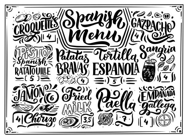 フリーハンド スケッチ スタイルの異なる食品名、様々 な要素と手書きのレタリングにスペイン語メニューの描画します。黒板のデザイン。背景に分離された詳細図 - restaurant sign sign language food点のイラスト素材／クリップアート素材／マンガ素材／アイコン素材