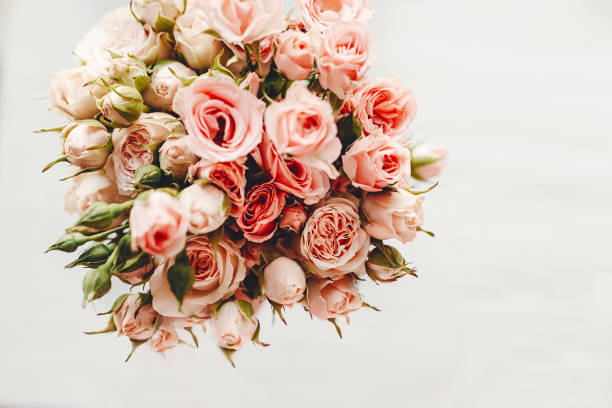 istock Pink small roses bouquet on white background isolated.  Top view with space for text. Floral greeting card mockup. Wedding invitation,happy mother day or Valentine day concept. 1048872942