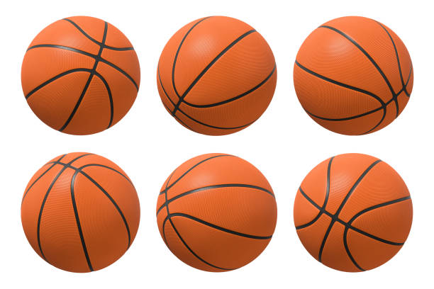 3d rendering of six basketballs shown in different view angles on a white background. - isolated objects imagens e fotografias de stock