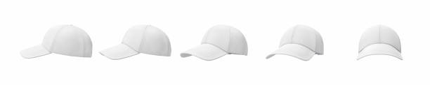 3d rendering of five white baseball caps shown in one line from side to front view on a white background. 3d rendering of five white baseball caps shown in one line from side to front view on a white background. Baseball gear. Sport style. American headwear. sideways baseball hat stock pictures, royalty-free photos & images