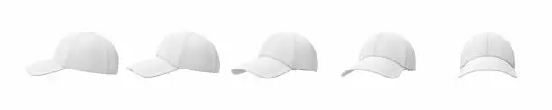 3d rendering of five white baseball caps shown in one line from side to front view on a white background. Baseball gear. Sport style. American headwear.