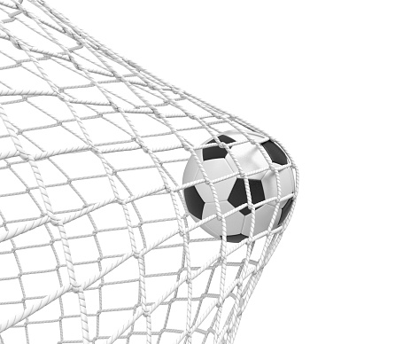 3d rendering of a football ball hitting the net inside the gate on white background. Scoring goal. Winning game. Soccer match.