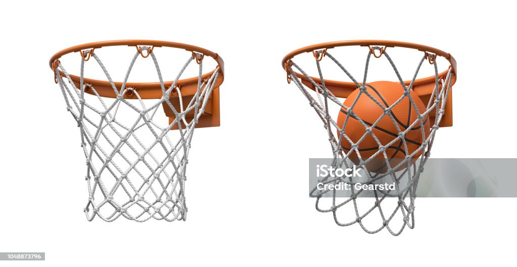 3d rendering of two basketball nets with orange hoops, one empty and one with a ball falling inside. 3d rendering of two basketball nets with orange hoops, one empty and one with a ball falling inside. Basketball score. Ball game. Empty and full hoop. Basketball Hoop Stock Photo